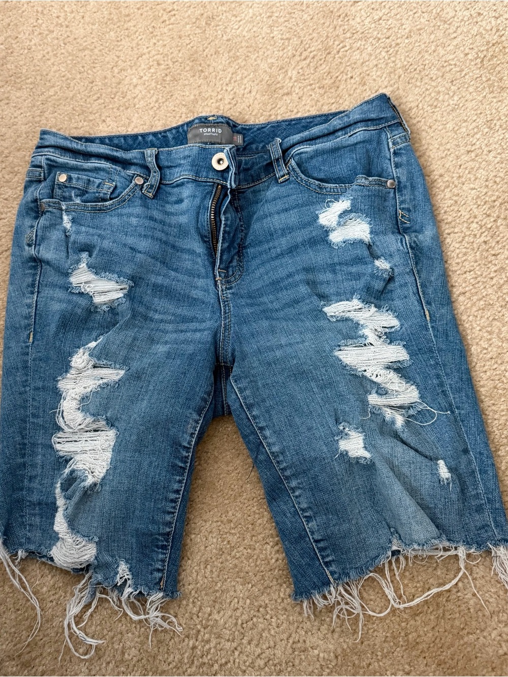 torrid Distressed Mid-Blue Denim Bermuda Shorts